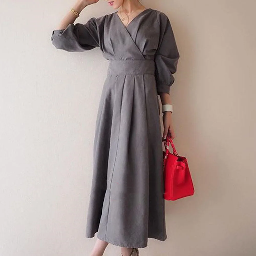 

2021 Summer New Thin Temperament Solid Color Japanese Style Korean Fashion Retro High Waist V-neck 7 Sleeve Women's Dress