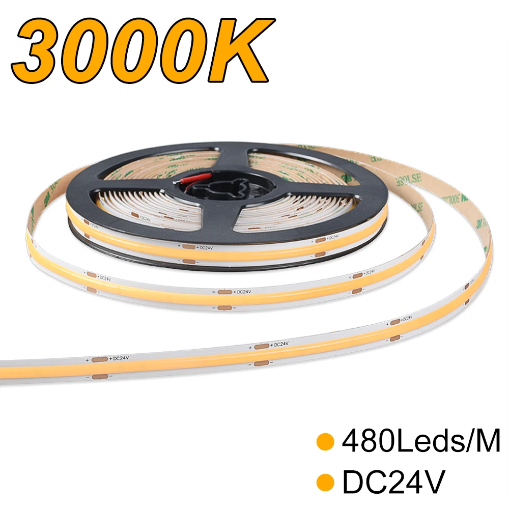 

480leds/m DC24V 3000K IP20 9W/M COB LED Strip 8mm PCB width