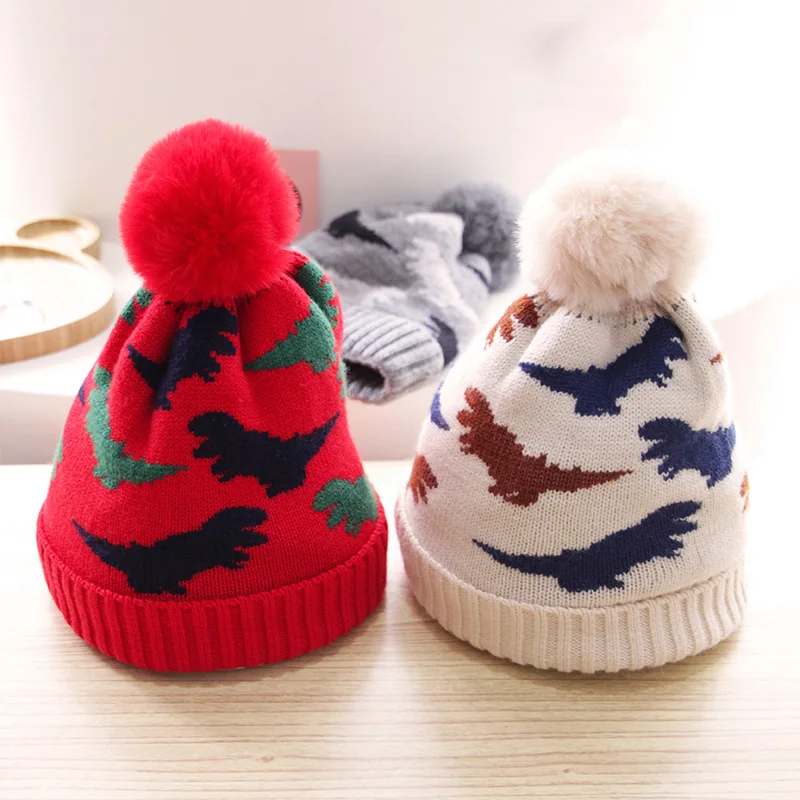 Шапка вязаная детская осенне-зимняя с помпоном и динозавром шапка для малышей |