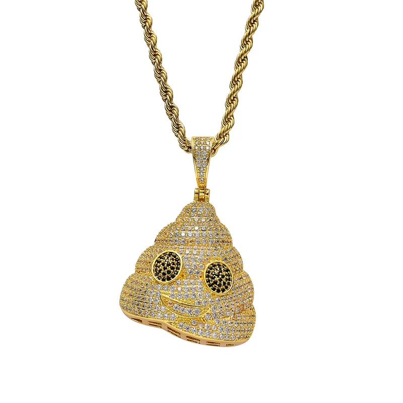 Hip Hop AAA CZ Zircon Paved Bling Iced Out Poop Expression Pendants Necklace for Men Rapper Jewelry Gold Silver Color | Украшения и