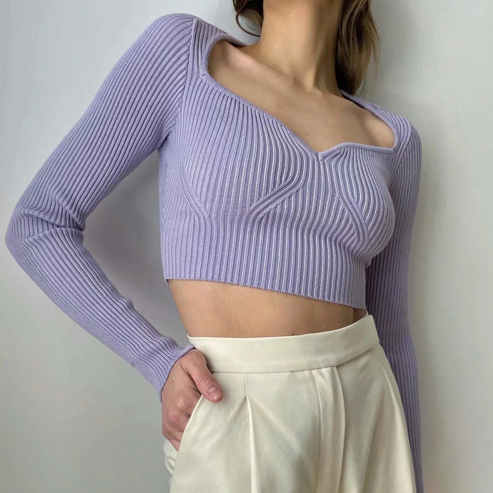 Пуловер женский трикотажный с длинным рукавом однотонный 2021 | Женская одежда