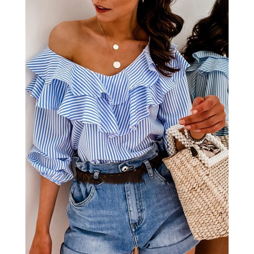 Wholesale Fashion Women's Blouse Striped Plaid Strapless Ruffle Neck Half Sleeve Summer Elegant Lady Shirts Loose Casual Tops women s casual blouse v neck criss cross lace trim tops loose ruffle hem half sleeve shirts chiffon tunic