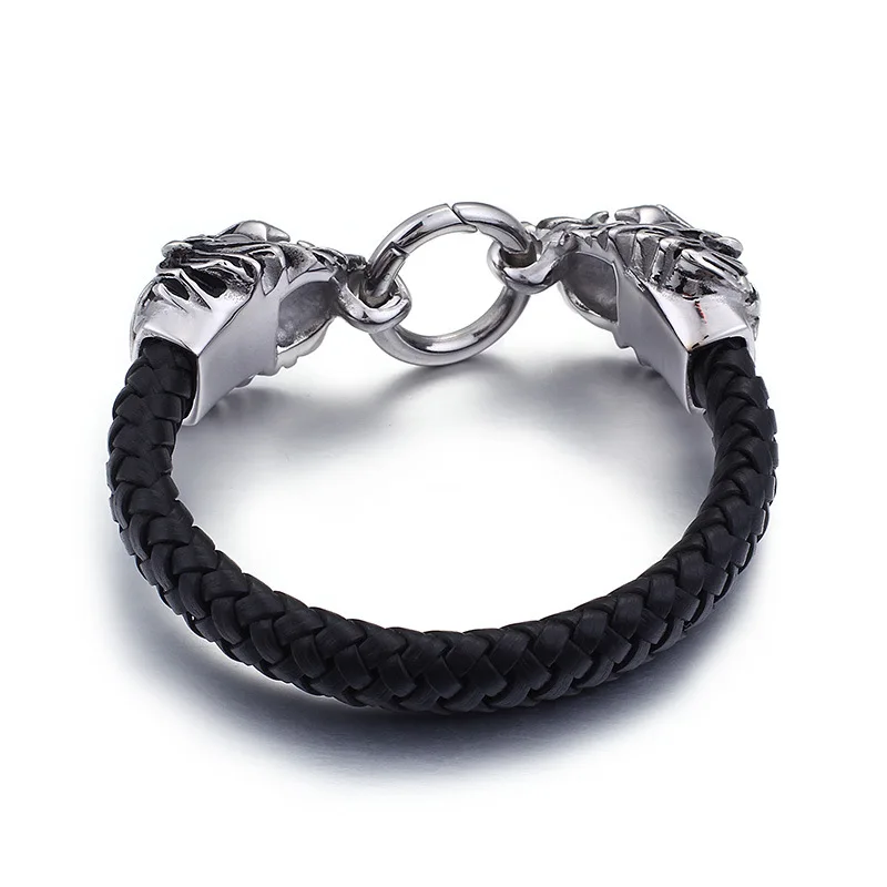 

Mens Bracelet Leather Braided Lion Head Ring Buckle Chain Fashion Retro Punk Jewelry Gift