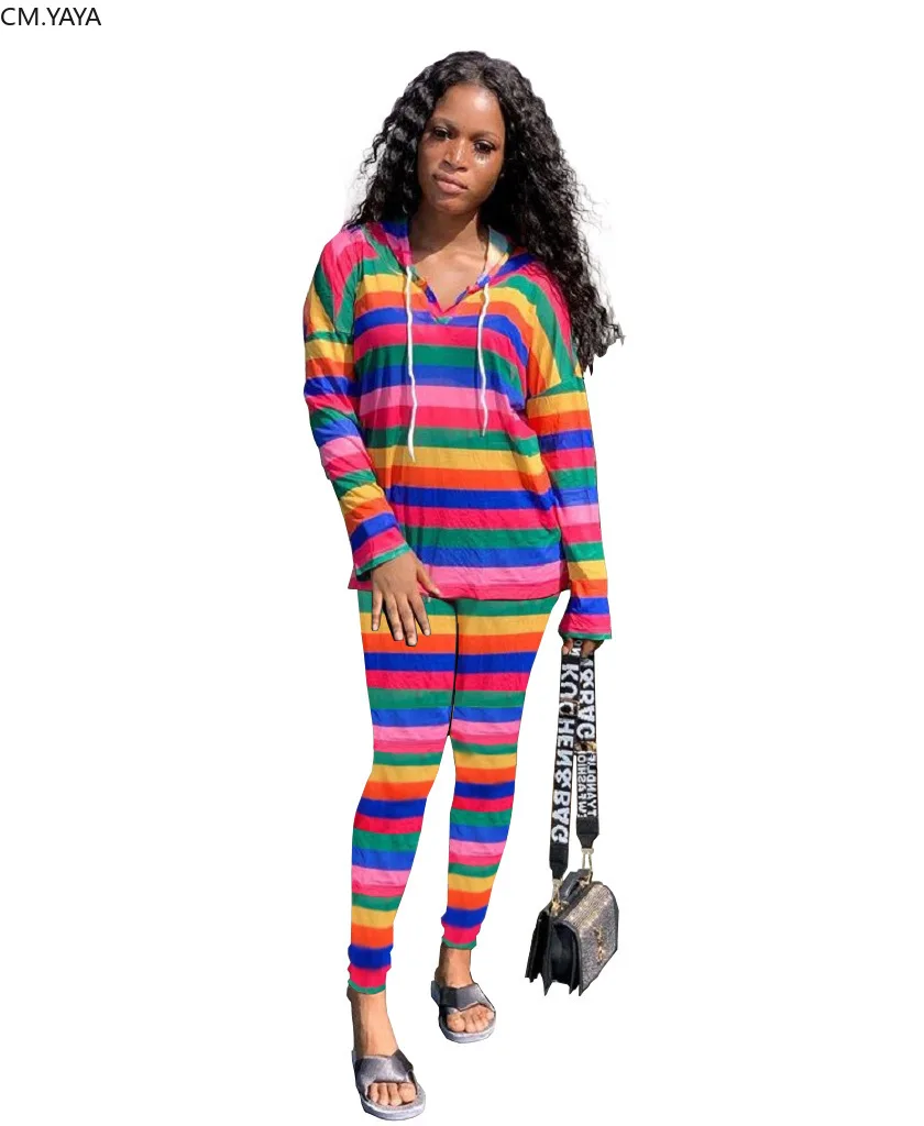 Autumn winter Women Rainbow Striped print t-shirt Hoodies pencil pants suit two piece set sexy party tracksuit sweatsuit GLM215 | Женская