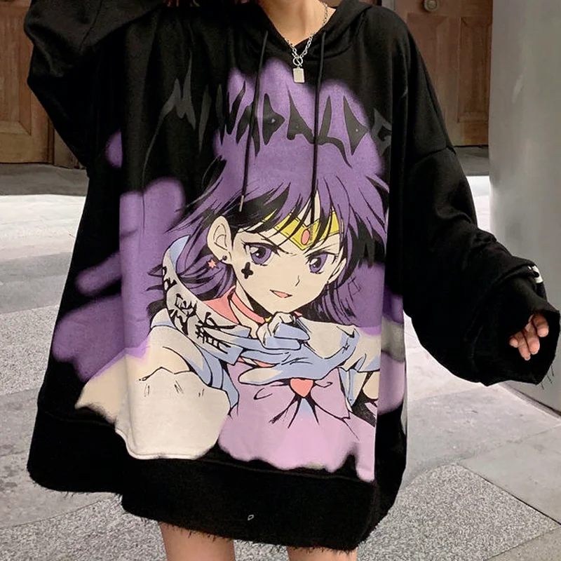 Deeptown Gothic Streetwear Anime Print Schwarz Oversize Hoodies Frauen Harajuku Kawaii Lila Crewneck Sweatshirt Mall Goth Tops