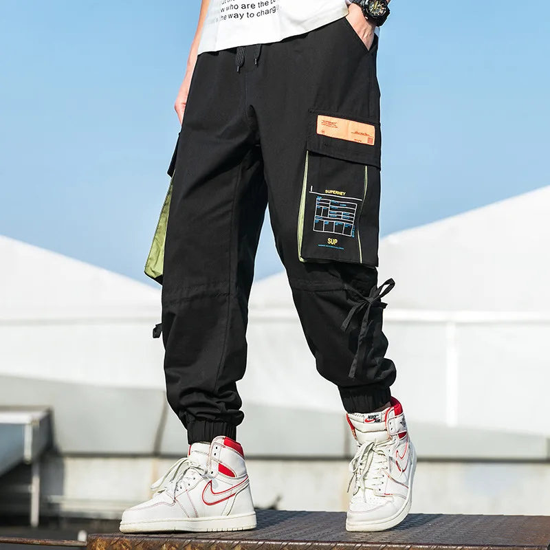 2020 New Hip Hop Joggers Men Black Harem Cargo Pants Multi-pocket Ribbons Man Sweatpants Streetwear Casual Mens 4XL | Мужская одежда