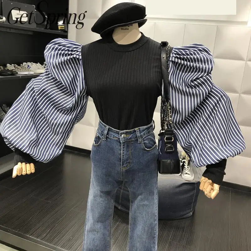 Женская футболка в полоску GetSpring белый пуловер с длинным рукавом рубашка буфами