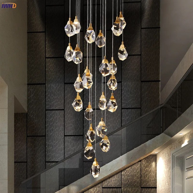 IWHD Postmodern Luxury Crystal Pendant Lights Fixtures Stair Beside Bedroom Living Room Copper Modern Hanging Lamp LED Luminaria