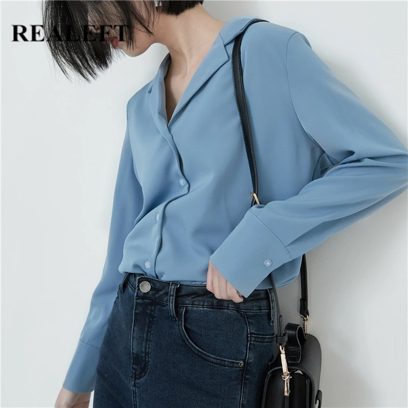 

REALEFT Elegant OL Style Formal Women's Blouse Solid Turn-down Long Sleeve Shirts Female Workwear Tops 2021 New Spring Summer