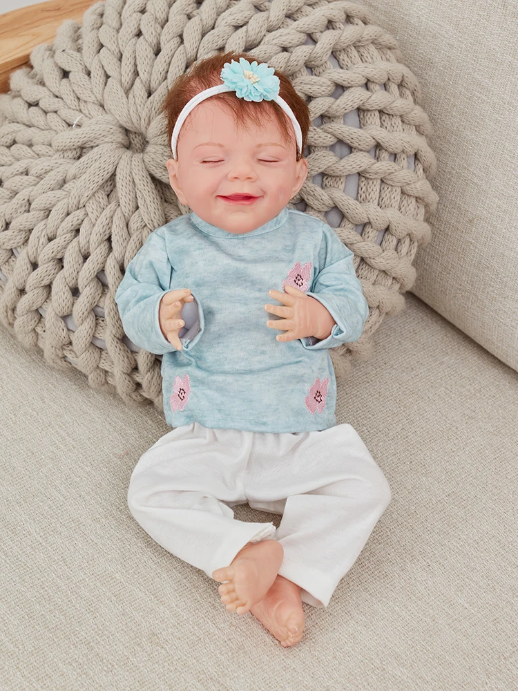 

20inch Reborn Girl Bebe Doll Full Body Silicone Vinyl/Cloth Doll Sleeping Smile In Blanket In Blue Suit Collectible Art April
