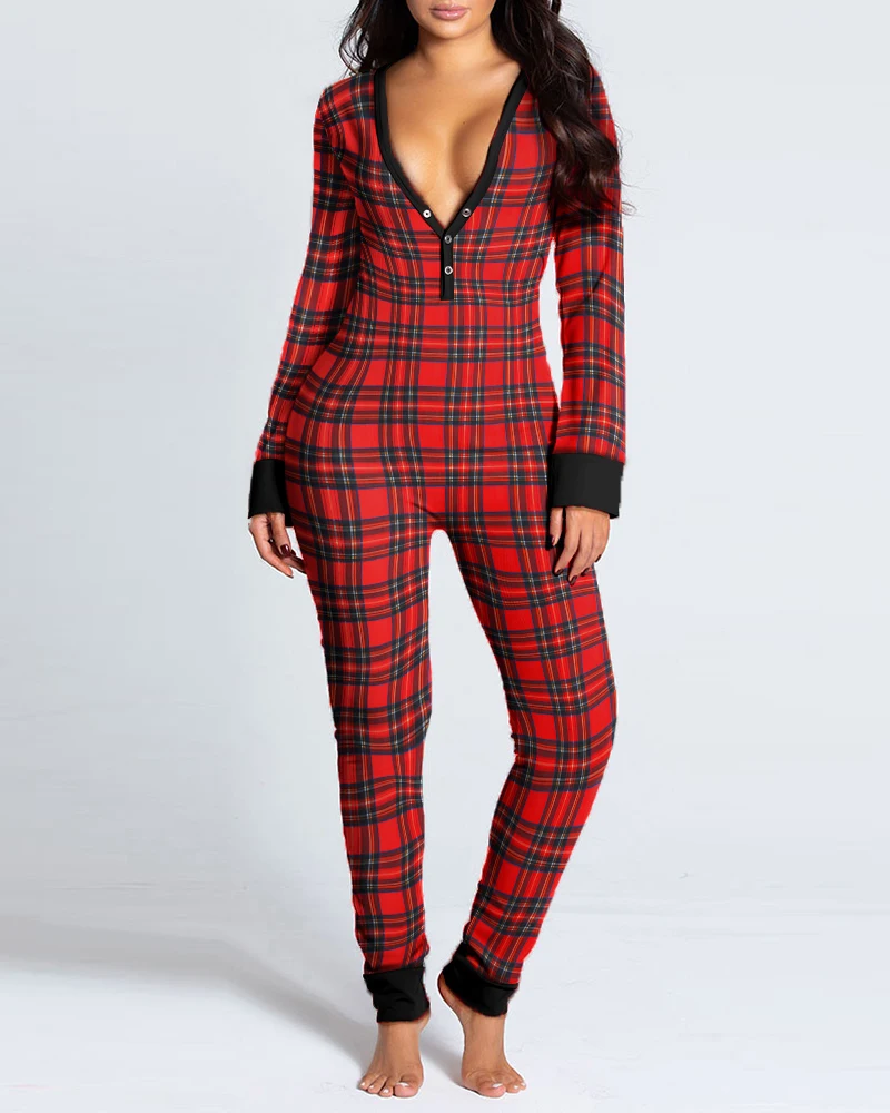 2021 New Year Christmas Plaid Functional Buttoned Flap Printed Adults Pajamas Suit One Piece Sleevewear Detachable Jumpsuits