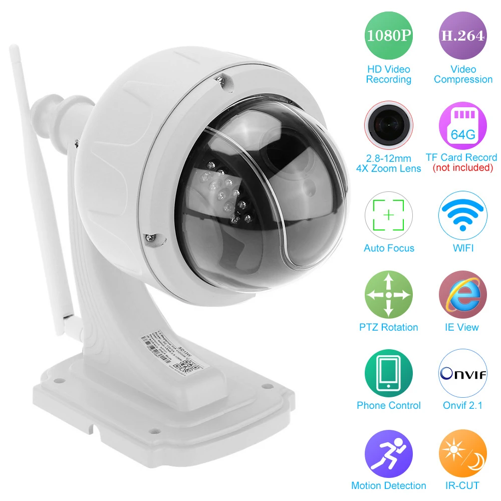 KKmoon®3 5 &quotH.264 1080P2.8 12 мм Автофокус PTZ WiFi Беспроводная IP камера безопасности CCTV