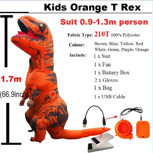 Kids Orange T rex Вечерние костюмы для взрослых, костюм динозавра Рекс, аниме, косплей, фэнтези, надувной динозавр, t rex Blowup, костюм талисмана на Хэллоуин для женщин и мужчин - Цвет: Kids Orange T rex