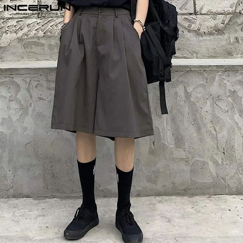 

Fashion Men Shorts Solid Color Button Loose Pockets Wide Leg Shorts Streetwear Summer 2021 Breathable Korean Men Bottoms INCERUN