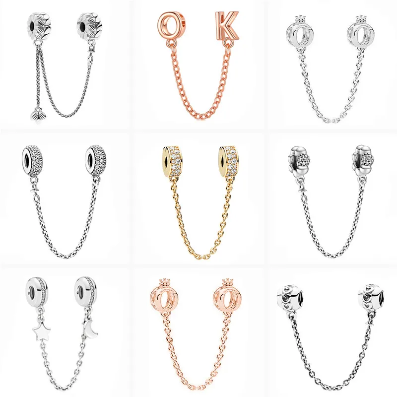 

New Silver Color Sparkling Zircon Crown Safety Chain Beads Fit Original Pandora Charms Bracelet DIY Fashion Women Girls Jewelry