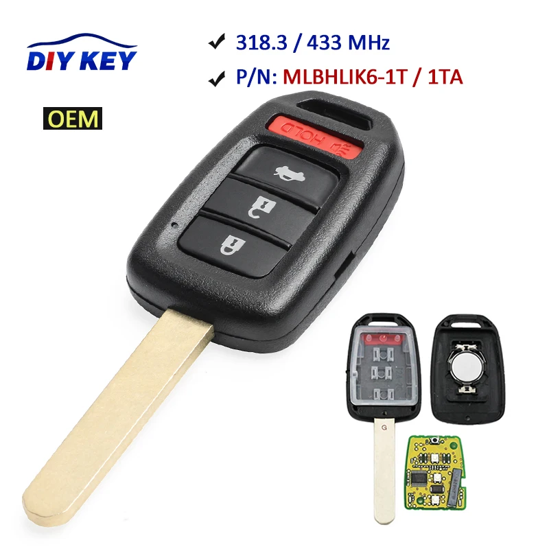 

DIYKEY 313.8/ 433MHz ID47 Chip FCC: MLBHLIK6-1T 3+1 4 Button Remote Key Fob for Honda Accord Sport/ LX Civic HR-V CR-V 2013-2019