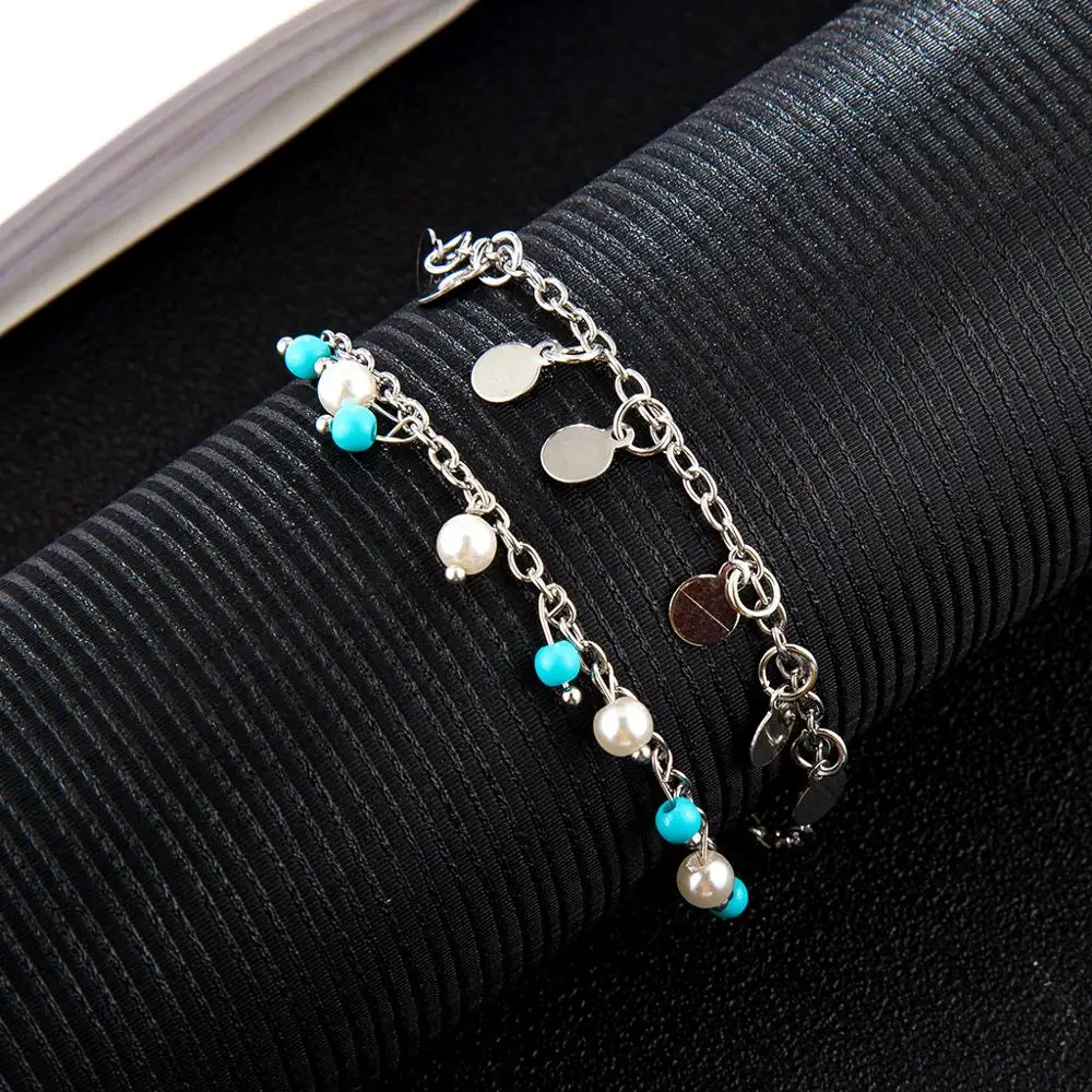 Винтажный Античный Серебристый браслет на ногу женский 2 слоя блестки