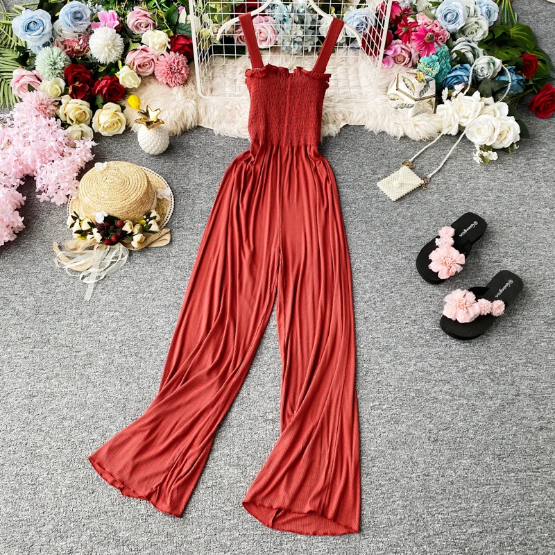 

HISUMA summer new women strap slash neck sleeveless slim chiffon wide leg jumpsuit female elegant waist fairy jumpsuits bodysuit