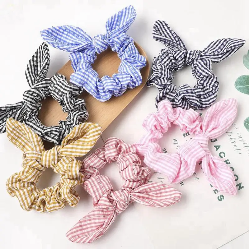 

Rabbit Ear Hair Scrunchie Striped Knotted Head Band Solid Large Intestine Circle Girls Ponytail Holder Hair Accessories 6 Colors