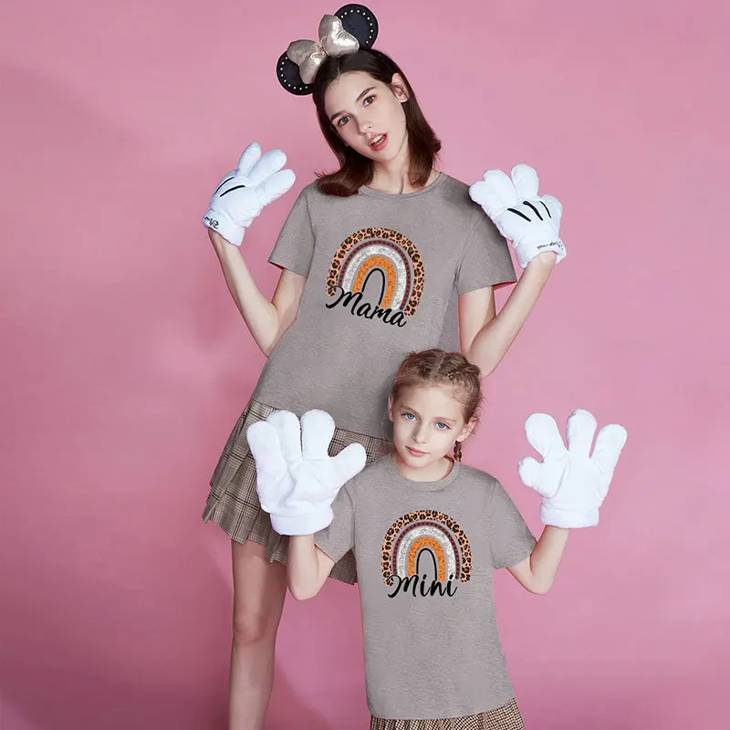 

2021 Summer Parent-Child Cotton Solid Color Short-Sleeved T-Shirt for Moms and Kids Fashion Casual Leopard Print Casual Shirt