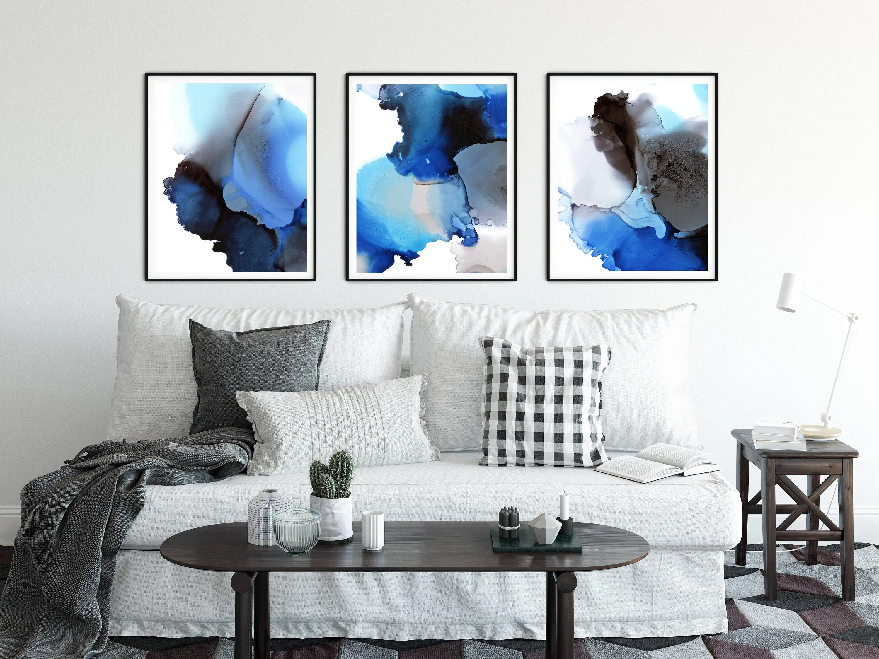 Abstract 3 Wall Prints Set of Fine Art Blue Black Organic Shapes Contemporary Archival | Дом и сад