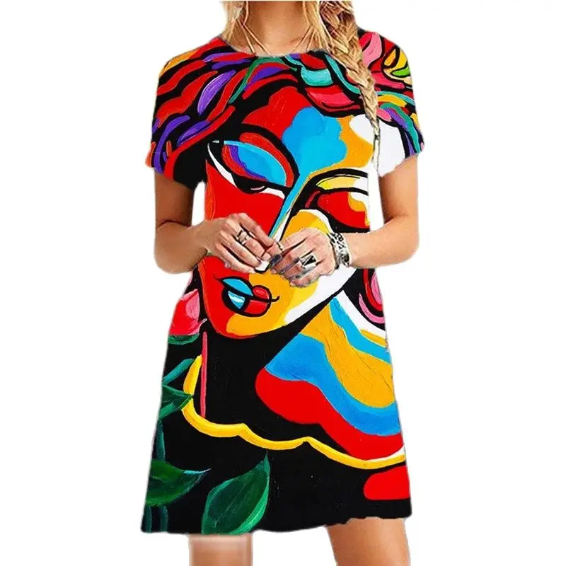 

2021 New Women Printing Mini Dress Summer O-Neck Short Sleeve A-Line Dresses Female Retro litera Vintage Loose Dress Vestidos