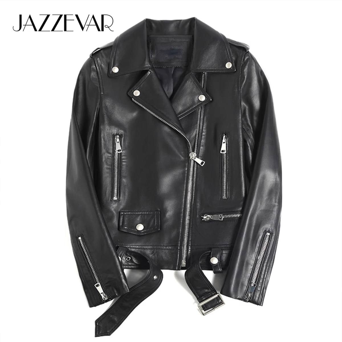 JAZZEVAR 2023 New Spring High Fashion Street Women Real Sheep Skin Leather Jacket Black Genuine Leather Short Motorcycle Jackets
