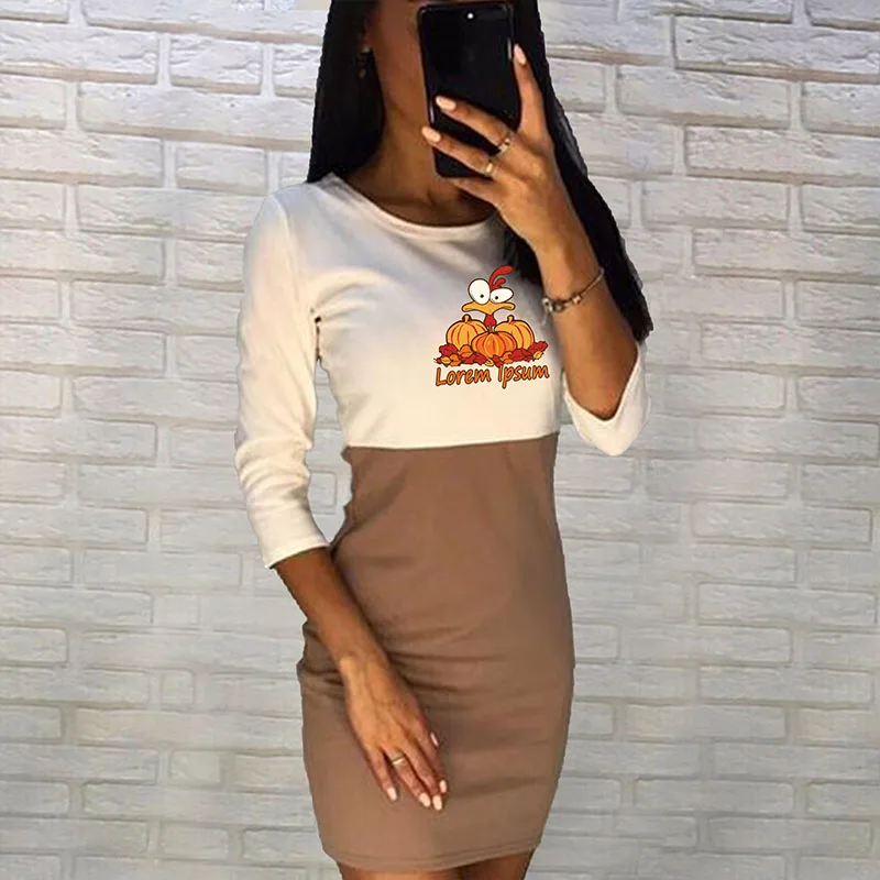 

Woman Sexy Dress Contrast Stitching Three Quarter Sleeve Navidad Dresses Cute Cartoon O Neck Streetwear Fashion Autumn Clothes