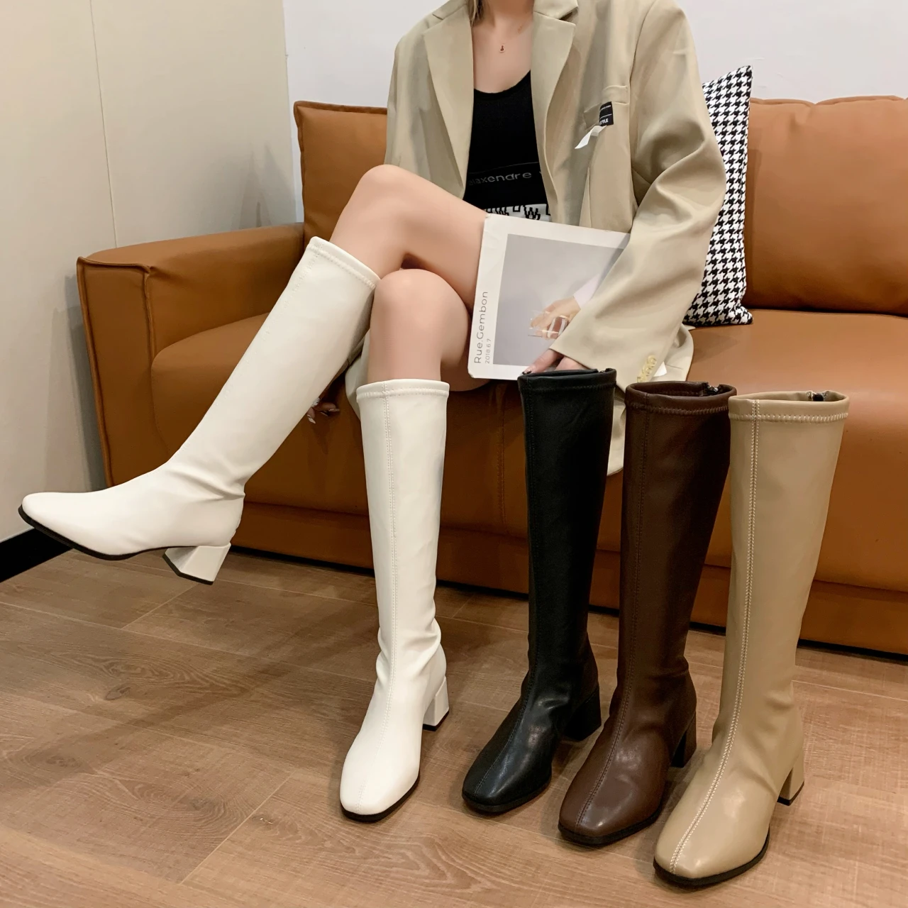 

Women's PU Leather Knee length Boots Comfortable Thick Heel Women's shoe Square Toe Back Zipper Women's Boots Large Size