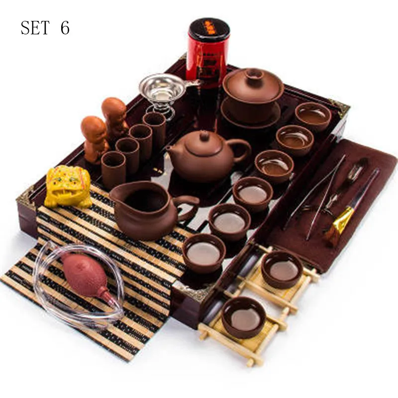 SET 6 Отличный Фиолетовый глиняный чайный набор кунг-фу чайник gaiwan заварочный чахай деревянный бамбуковый поднос китайский чайный церемониальный набор - Цвет: SET 6