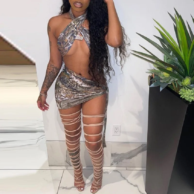 

2021 Vintage Print Sleeveless Bandage Sexy Crop Top Skirt 2 Pieces Set Summer Women Fashion Streetwear Y2K Tracksuit