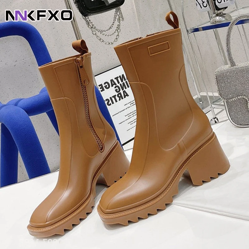 

2021 Brand Runway Women Ankle PVC Rainboots Chunky Heel Height Increasing Short Boots Thick Sole Motorcycle Boots For Women