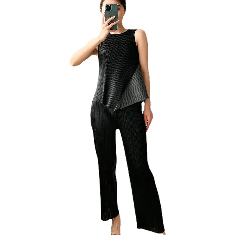 

TVVOVVIN o-neck pleated sleeveless top women's summer 2021 new fashion contrast casual slim Elasticity T-shirt M48C