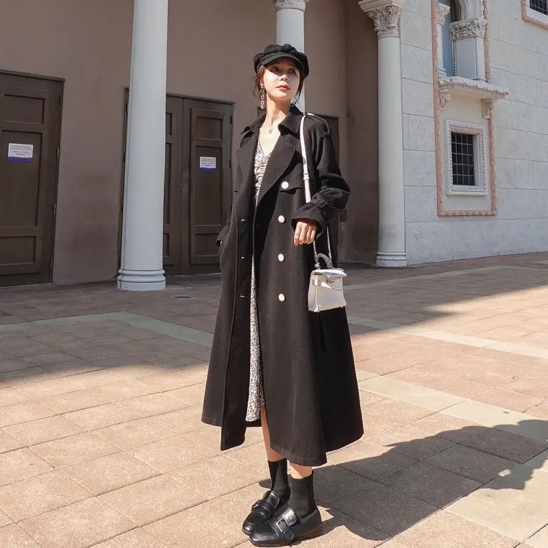 Женский двубортный тренчкот длинное пальто в британском стиле с отложным