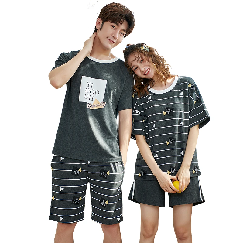 Летняя Хлопковая пижама для пары короткий топ + короткие брюки комплект из двух