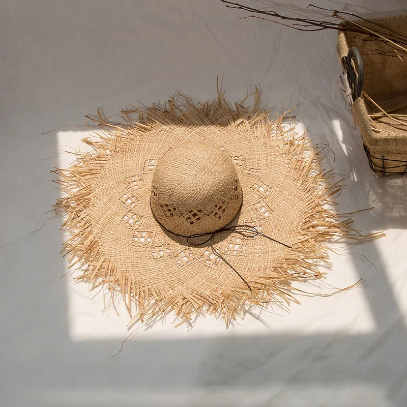 Natural Big Wide-brimmed Straw Hat Woven Round Fringed Beach Hat Summer Hollow Straw Hat