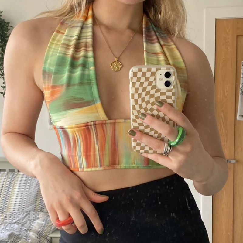 

IAMSURE Tie Dye Printed Halter Top Holiday Sexy Slim Backless Sleeveless Crop Tops Women 2021 Fashion Streetwear Basic Tank Top