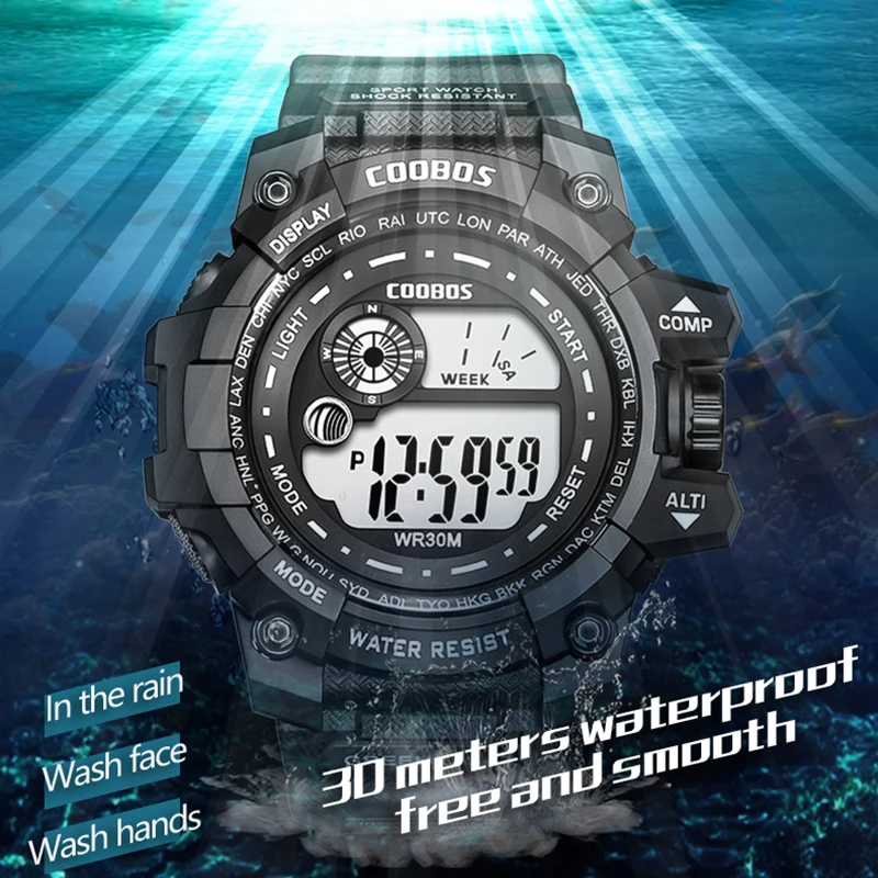 

2021 High Quality Sports Kids Watches Boys Waterproof LED Cool Luminous Digital Watch Men's Stop Watch Week Display Clock montre