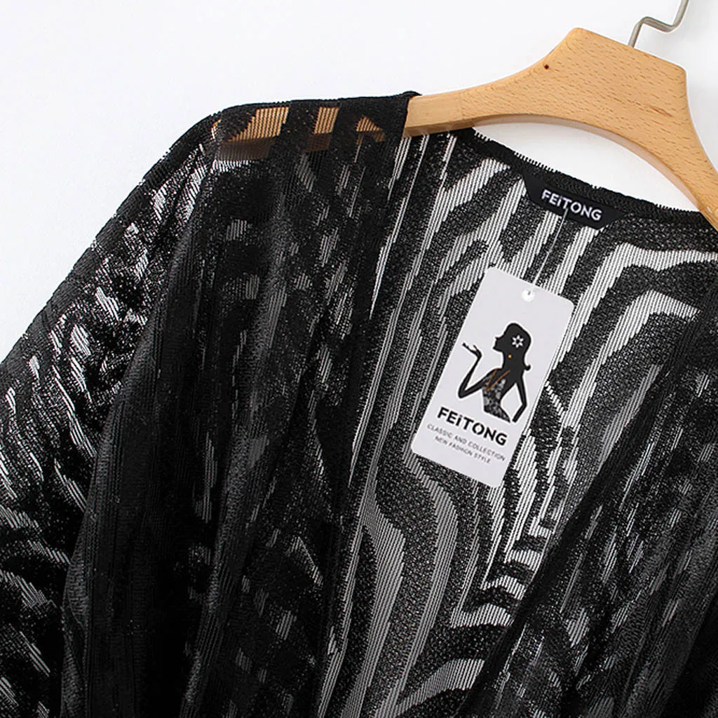 Летнее женское кружевное шифоновое кимоно с цветочным принтом пляжный кардиган