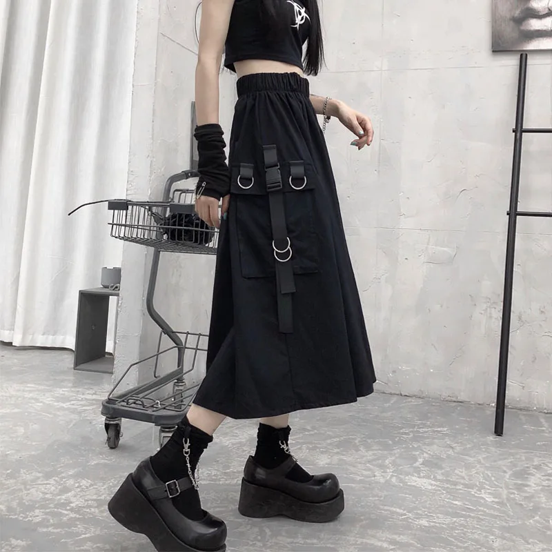 

Gothic High Waist Cargo Skirts Woman Harajuku 2021 Loose A-line Pocket Midi Long Black Skirt Hip Hop Fashion Streetwear OverSize