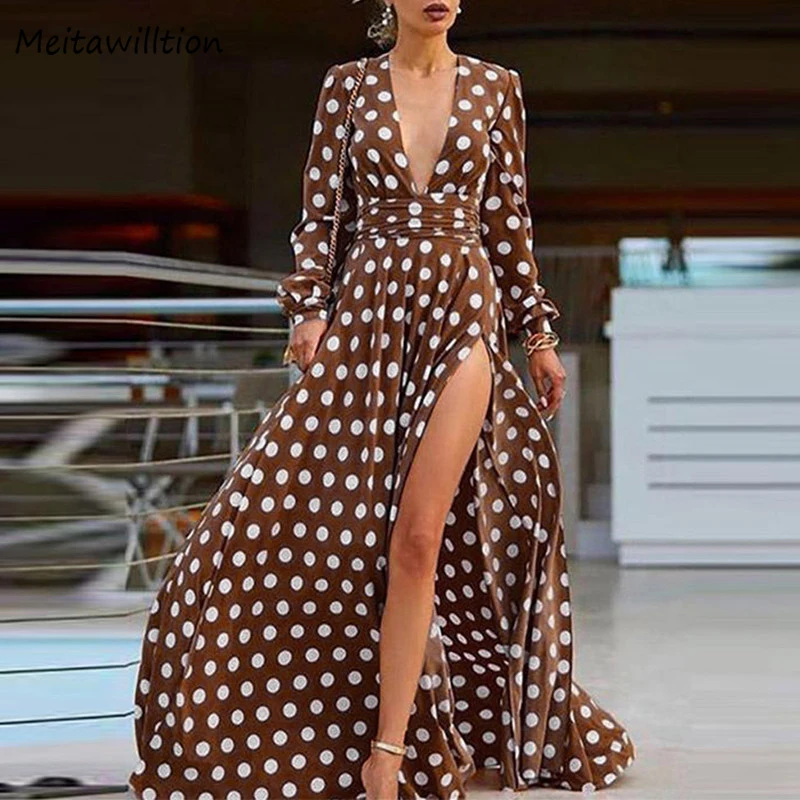 Женское шифоновое платье в горошек с глубоким V-образным вырезом и длинным