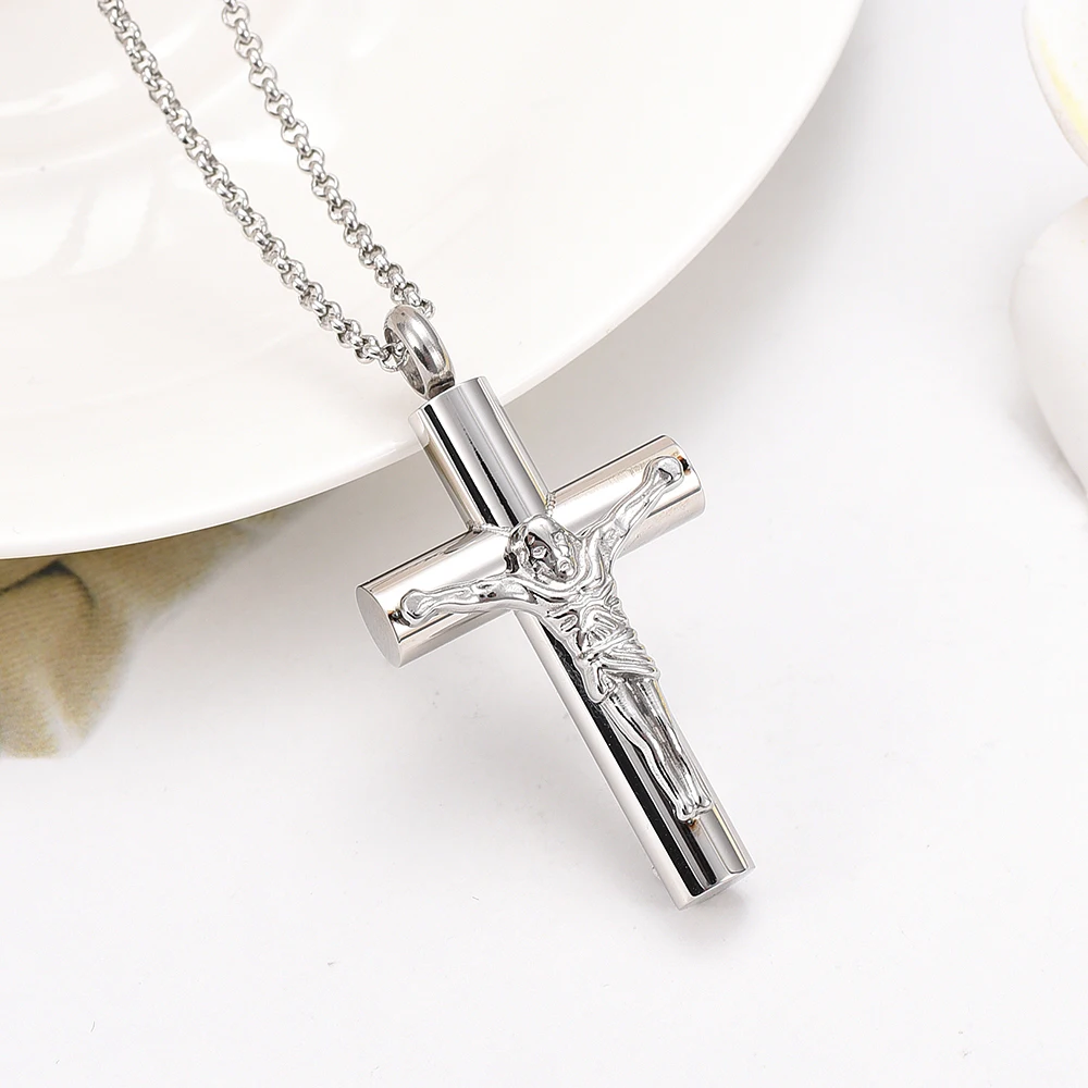 

IJD11129 Stainless Steel Cremation Jesus Cross Keepsake Memorial Pendant Necklace for Ashes Urn Funeral Jewelry