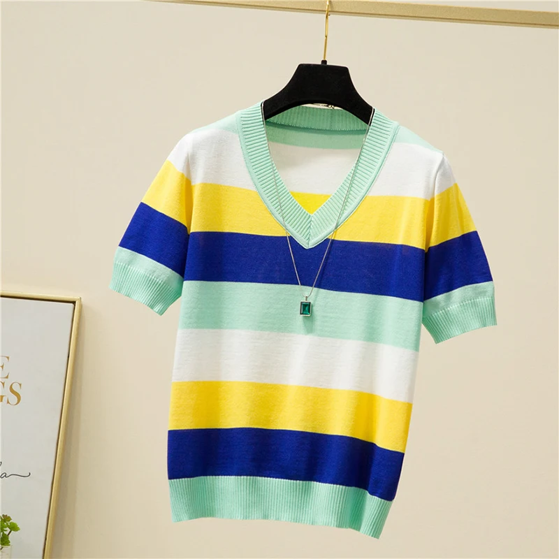 Striped Knitted T Shirt Women V Neck Short Sleeve 2022 Summer Top Hit Color Thin Tee Shirt Fashion Womens Clothing Poleras Mujer