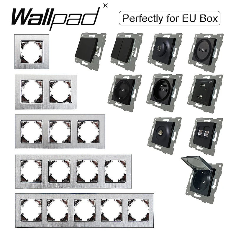 

DIY EU Brushed Silver Metal Frame Push Button Wall Light Switch Power Outlet with Cap Fan Dimmer Data Cat6 USB Wallpad L6