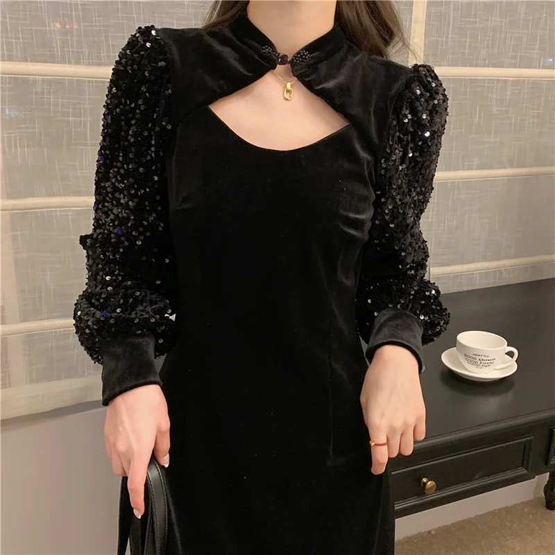 Clothing Harajpoo Female Vintage Elegant Black Sequin Stitching Velvet 2022 New Temperament Waist Harajuku Sexy Mid-Calf Dresses | Женская