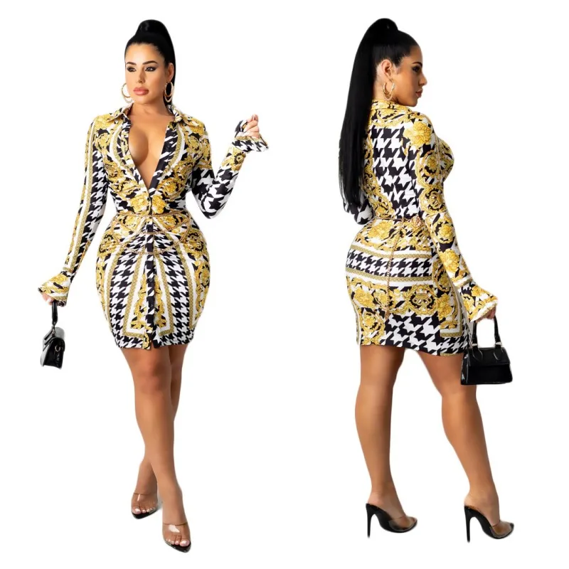 

Long-Sleeved Shirt Women's Slim Mini Skirt African Clothing Mid-Length Casual Tops 2021 Fall New Style Dashiki Print Sexy Dress