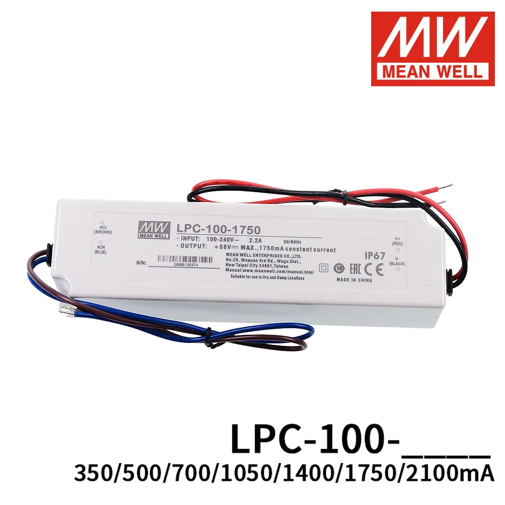 

Meanwell LPC-100 Waterproof LED Driver Single Output power supply 90-264VAC 100W 350mA 500mA 700mA 1050mA 1400mA 1750mA 2100mA