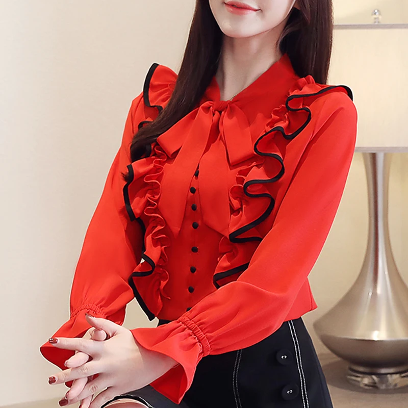 Blusas mujer de moda 2021 Осень Длинные рукава женская шифоновая блузка с низким вырезом