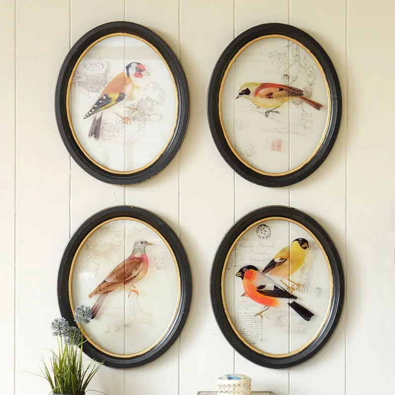 

Retro Pastoral Glass Mirror Bird Paintings Decor Home Living Room Background Solid Wood Photo Frame Restaurant Entrance Painting