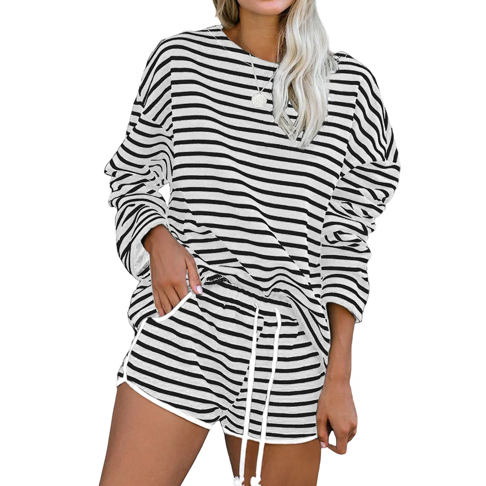 

Европейский и американский женский пижамный комплект, полиэстер, полосатая одежда для сна, круглый вырез, полный комплект шорт, домашняя од...